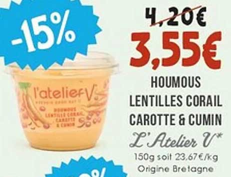 Houmous Lentilles Corail Carotte & Cumin - L'Atelier V