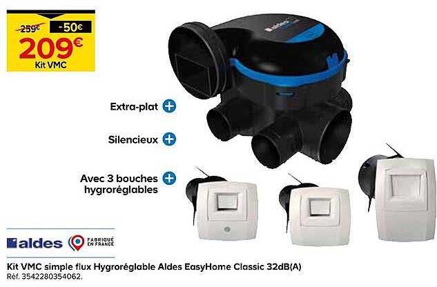 Kit VMC simple flux Hygoréglable Aldes EasyHome Classic 32dB(A)