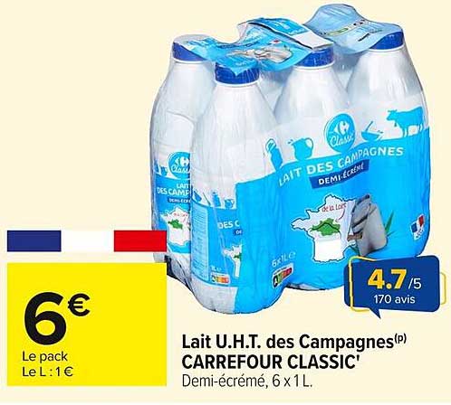 Lait U.H.T. des Campagnes® CARREFOUR CLASSIC' Demi-écrémé, 6 x 1L