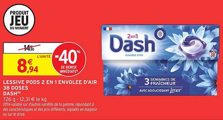 LESSIVE PODS 2 EN 1 ENVELOPE D'AIR 38 DOSES DASH