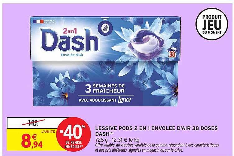 LESSIVE PODS 2 EN 1 ENVOLEE D'AIR 38 DOSES DASH