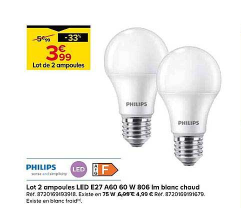 Lot 2 ampoules LED E27 A60 60 W 806 lm blanc chaud