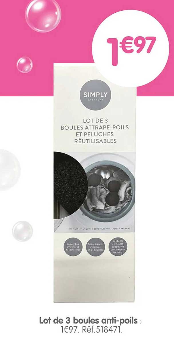Lot de 3 boules attrape-poils et peluches réutilisables