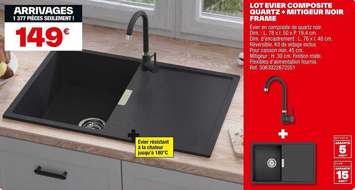 LOT EVIER COMPOSITE QUARTZ + MITIGEUR NOIR FRAME