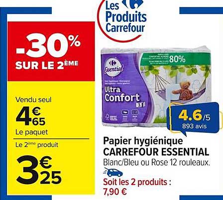 Papier hygiénique CARREFOUR ESSENTIAL Blanc/Bleu ou Rose 12 rouleaux