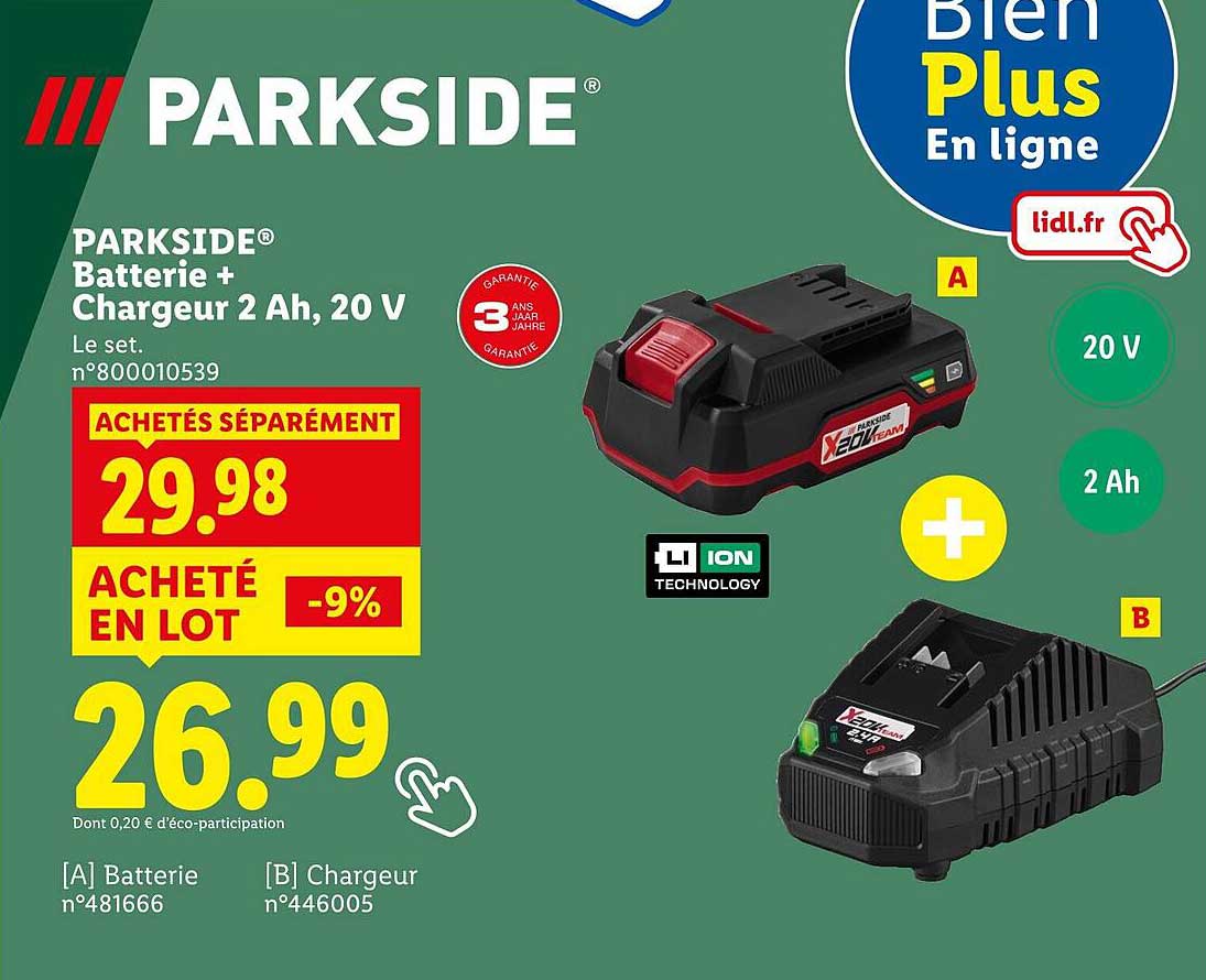 PARKSIDE® Batterie + Chargeur 2 Ah, 20 V