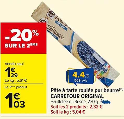 Pâte à tarte roulée pur beurre CARREFOUR ORIGINAL