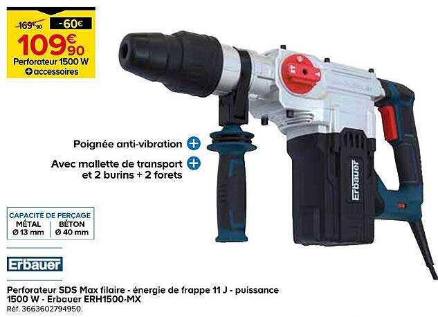 Perforateur SDS Max filaire - énergie de frappe 11 J - puissance 1500 W - Erbauer ERH1500-MX