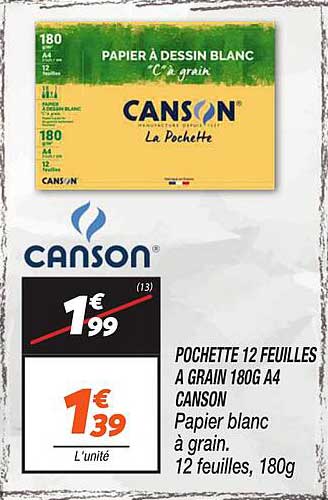POCHETTE 12 FEUILLES A GRAIN 180G A4 CANSON