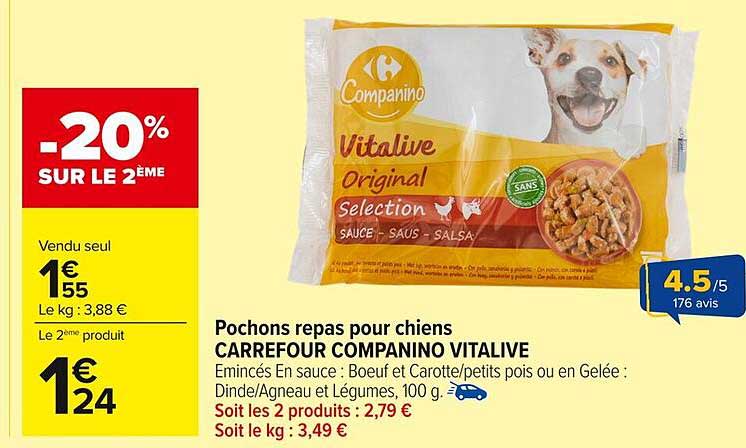 Pochons repas pour chiens CARREFOUR COMPANINO VITALIVE