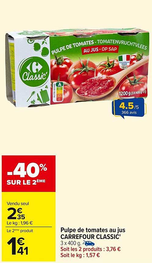 Pulpe de tomates au jus CARREFOUR CLASSIC'