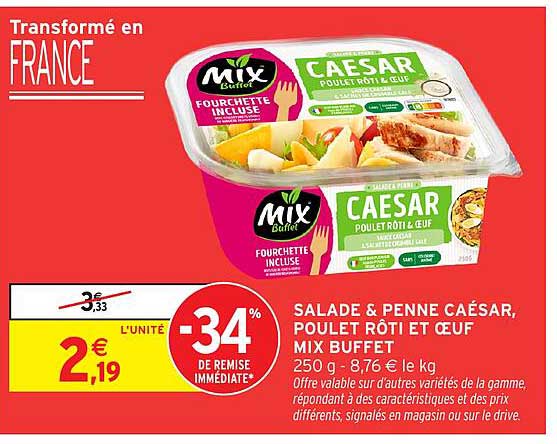 Salade & Penne César, Poulet Roti et Œuf Mix Buffet