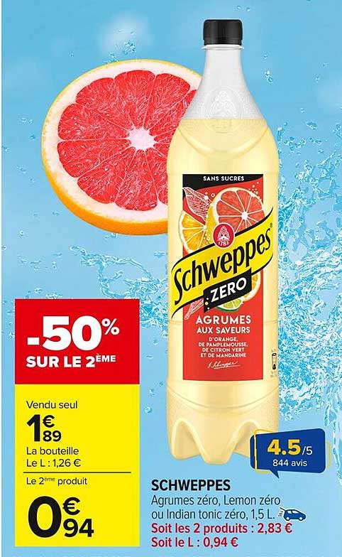 SCHWEPPES Agrumes zéro, Lemon zéro ou Indian tonic zéro, 1,5 L