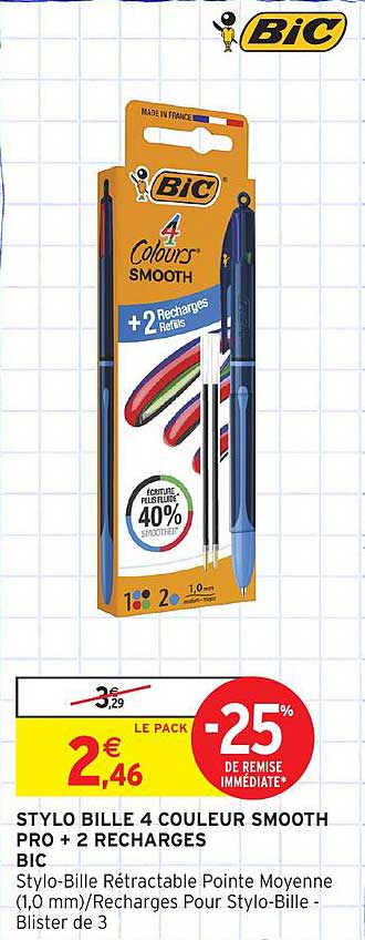 STYLO BILLE 4 COULEUR SMOOTH PRO + 2 RECHARGES BIC