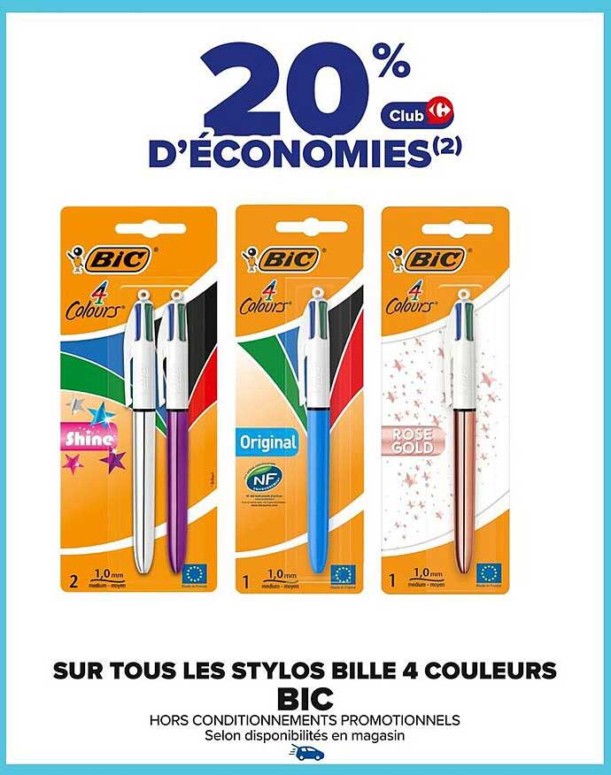 SUR TOUS LES STYLOS BILLE 4 COULEURS BIC