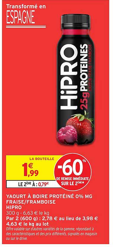 Yaourt à boire protéiné 0% MG fraise/framboise HIPRO
