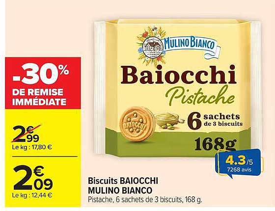 Biscuits BAIOCCHI MULINO BIANCO Pistache, 6 sachets de 3 biscuits, 168 g