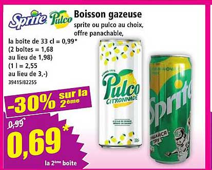 Boisson gazeuse sprite ou pulco au choix, offre panachable