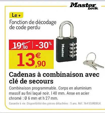 Cadenas à combinaison avec clé de secours