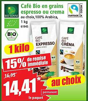 Café Bio en grains espresso ou crema au choix,100% Arabica, 1 kg 61945