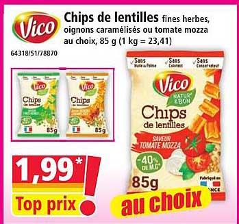 Chips de lentilles fines herbes, oignons caramélisés ou tomate mozza au choix, 85 g (1 kg = 23.41)