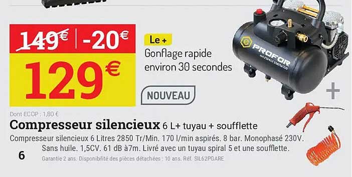 Compresseur silencieux 6 L + tuyau + soufflette