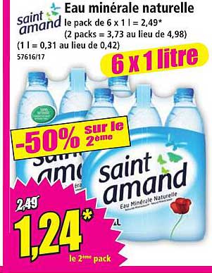 Eau minérale naturelle de pack de 6 x 1 L = 2,49* (2 packs = 3,73 au lieu de 4,98) (1L = 0,31 au lieu de 0,42) 57616/17