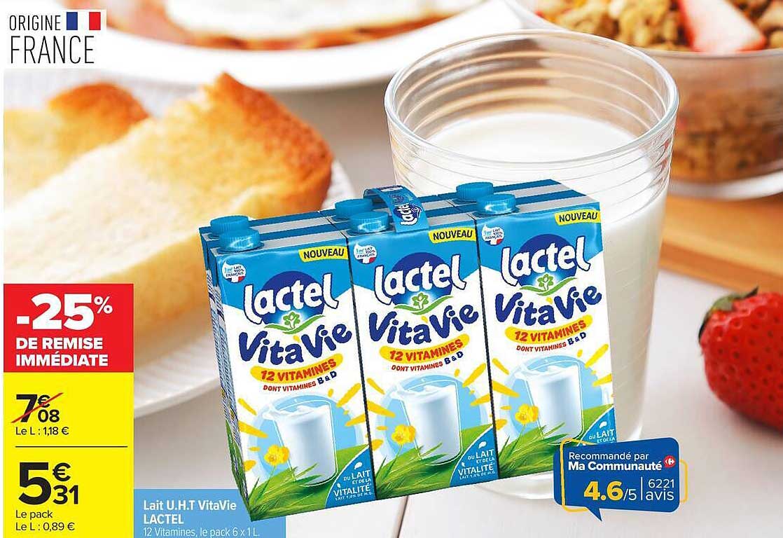 Lait U.H.T VitaVie LACTEL 12 Vitamines, le pack 6 x 1L