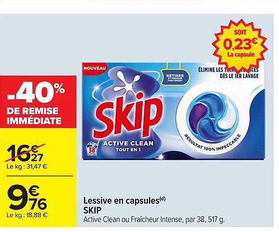 Lessive en capsules SKIP Active Clean ou Fraîcheur Intense, par 38, 517 g.