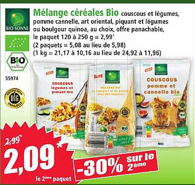 Mélange céréales Bio couscous et légumes, pomme cannelle, art oriental, piquant et légumes ou boulgour quinoa, au choix, offre panachable, le paquet 120 à 250 g