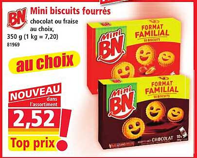Mini biscuits fourrés chocolat ou fraise au choix. 350 g (1 kg = 7,20)