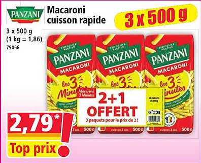 Panzani Macaroni cuisson rapide 3 x 500 g 2+1 OFFERT