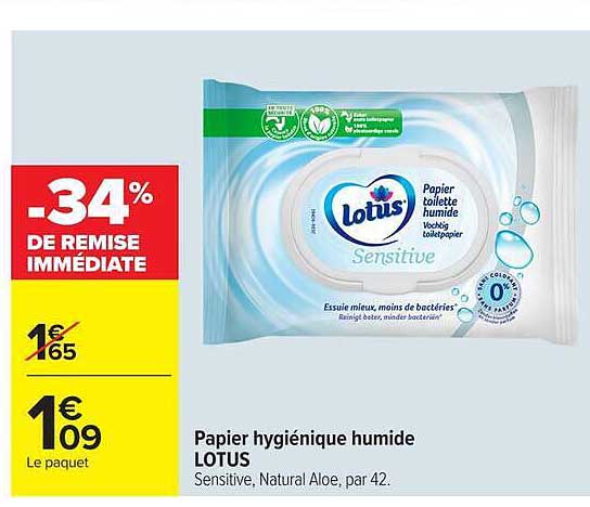 Papier hygiénique humide LOTUS Sensitive, Natural Aloe, par 42.