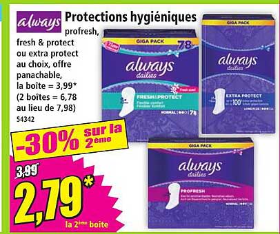 Protections hygiéniques always fresh & protect ou extra protect au choix, offerte panachable, la boîte