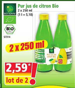 Pur jus de citron Bio 2 x 250 ml (1 l = 5,18)