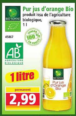 Pur jus d'orange Bio produit issu de l'agriculture biologique, 1 l
