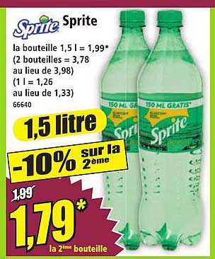 Sprite la bouteille 1,5 l = 1,99* (2 bouteilles = 3,78 au lieu de 3,98) (1 l = 1,26 au lieu de 1,33)
