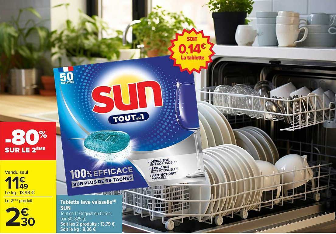 Tablette lave vaisselle SUN Tout en 1 Original ou Citron, par 50, 825 g