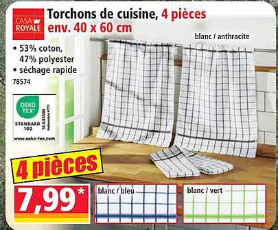Torchons de cuisine, 4 pièces env. 40 x 60 cm