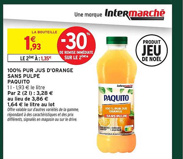 100% PUR JUS D'ORANGE SANS PULPE PAQUITO