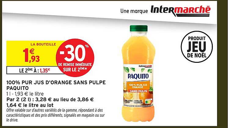 100% PUR JUS D'ORANGE SANS PULPE PAQUITO