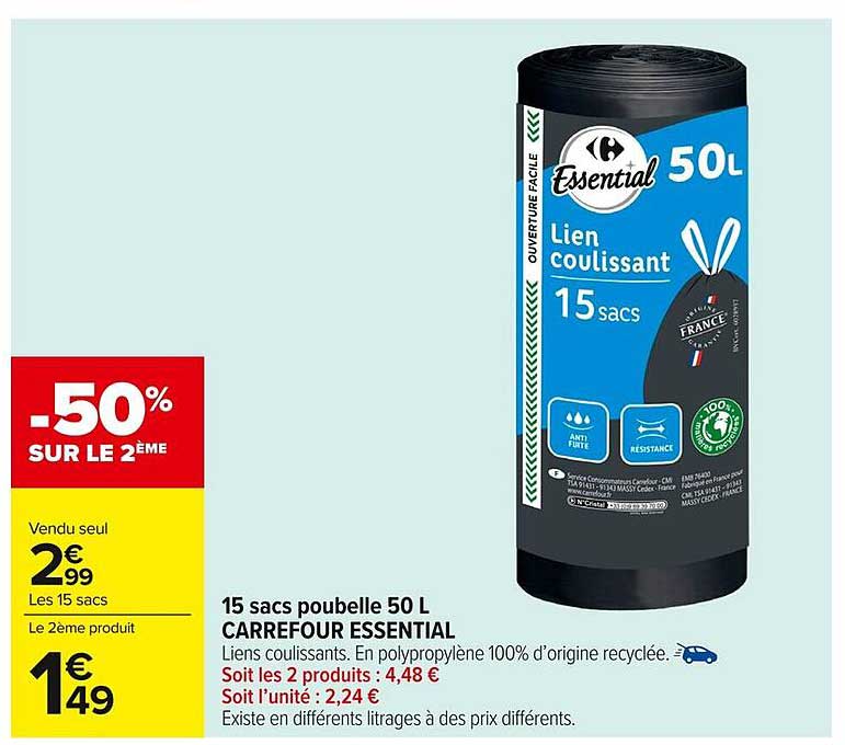 15 sacs poubelle 50 L CARREFOUR ESSENTIAL