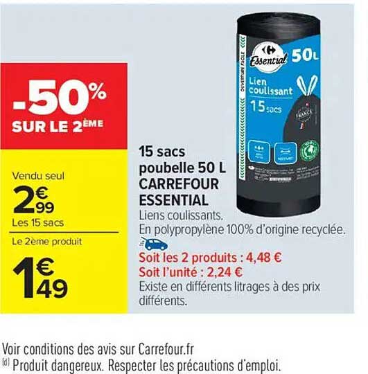 15 sacs poubelle 50 L CARREFOUR ESSENTIAL