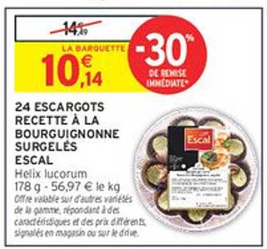 24 ESCARGOTS RECETTE À LA BOURGUIGNONNE SURGELÉS ESCAL