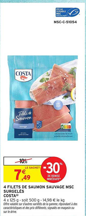 4 FILETS DE SAUMON SAUVAGE MSC SURGELÉS COSTA