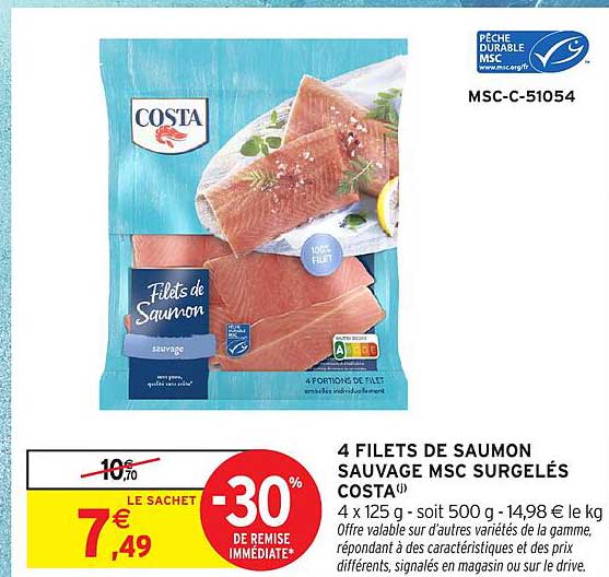 4 FILETS DE SAUMON SAUVAGE MSC SURGELÉS COSTA