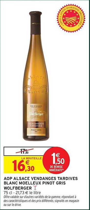 AOP ALSACE VENDANGES TARDIVES BLANC MOELLEUX PINOT GRIS WOLFBERGER
