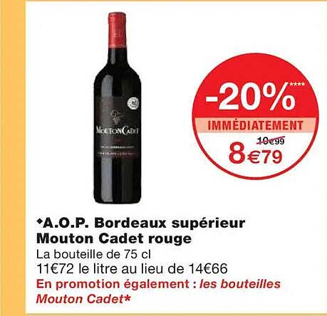 A.O.P. Bordeaux supérieur Mouton Cadet rouge