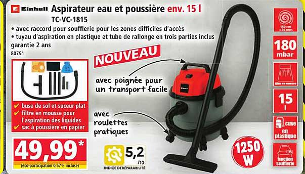 Aspirateur eau et poussière env. 15 l