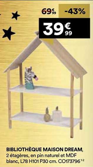 BIBLIOTHÈQUE MAISON DREAM, 2 étagères, en pin naturel et MDF blanc, L78 H101 P30 cm. CO173796